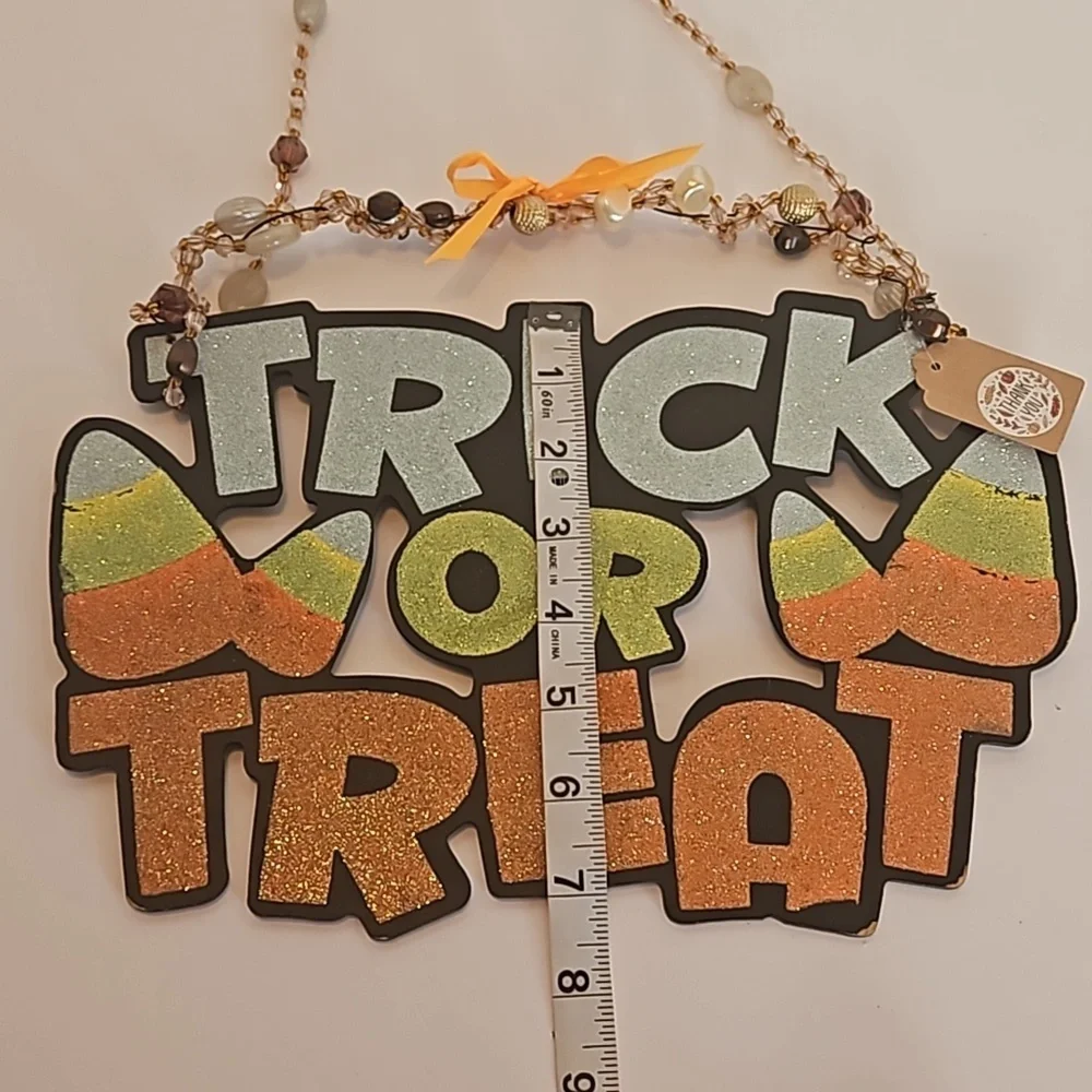 Hand Crafted trick or treat glitter Halloween sign wooden wall decor beaded